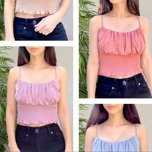 Spring Ruched Smocked Cami Crop Tops